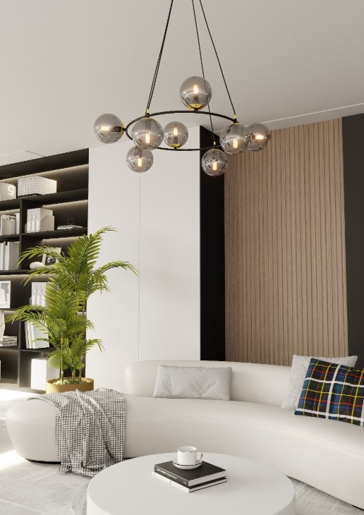 Żyrandol Azura 6 z sześcioma szklanymi kulami w srebrno-grafitowym wykończeniu