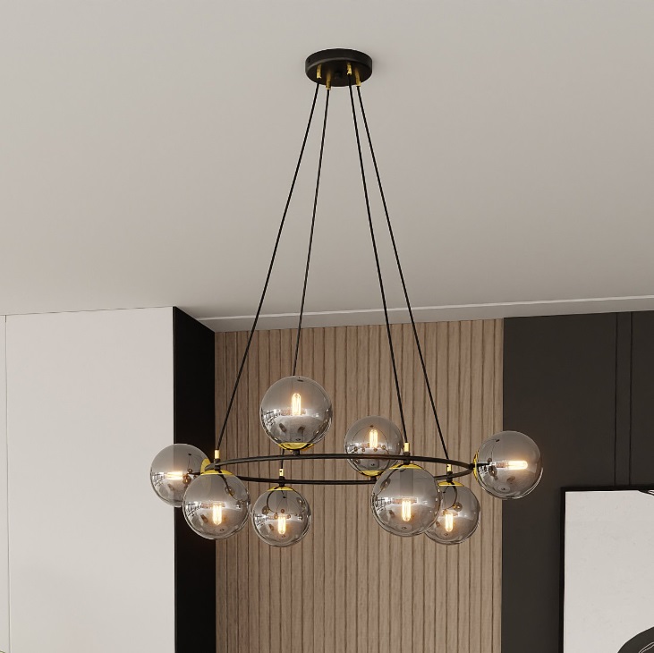 Żyrandol Azura 8 z czarną ramą i srebrnymi szklanymi kulami E14