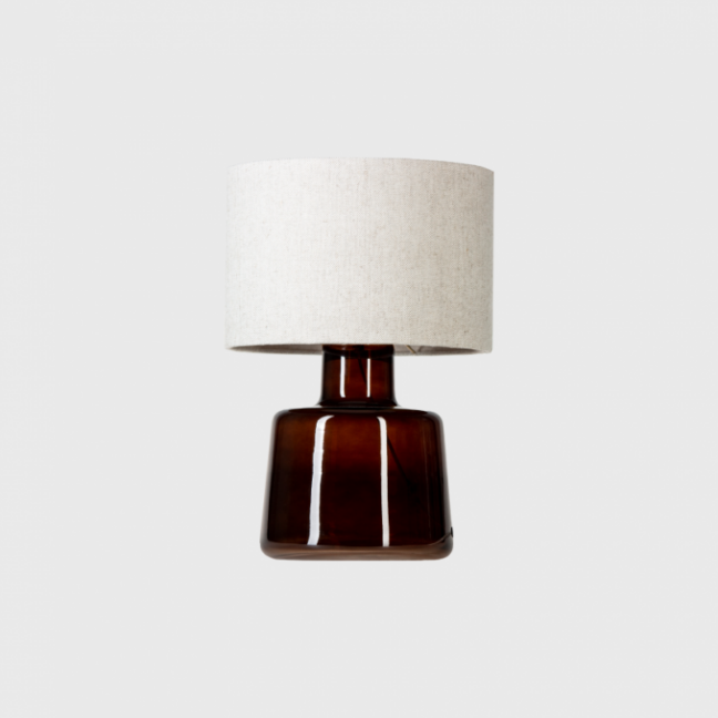 Lampa stołowa Santana 4concepts – ręcznie formowane szkło w odcieniu czekolady, lniany abażur E27
