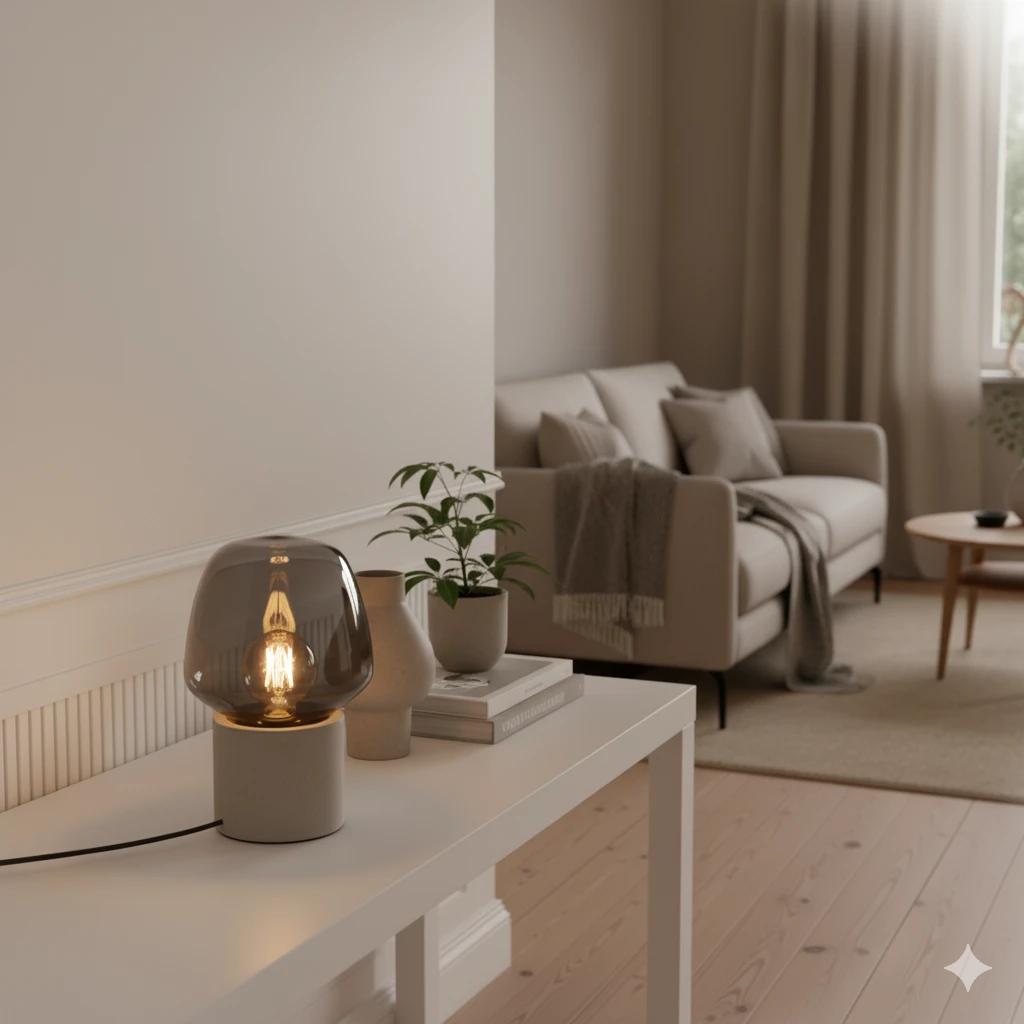 Szara lampa stołowa Nordlux Christina z betonową podstawą i przydymionym kloszem E27