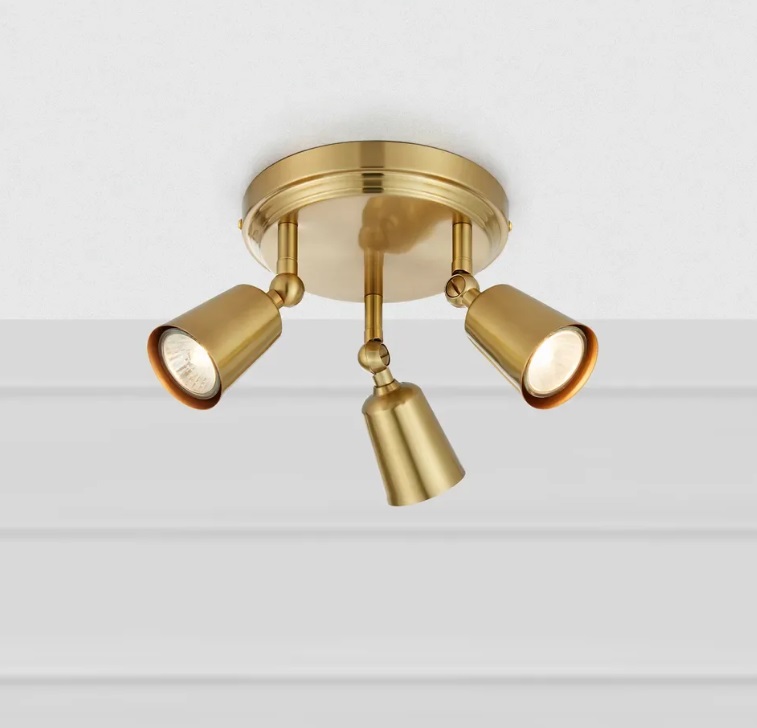 Lampa sufitowa Tiny w kolorze antycznego mosiądzu z trzema regulowanymi reflektorami GU10