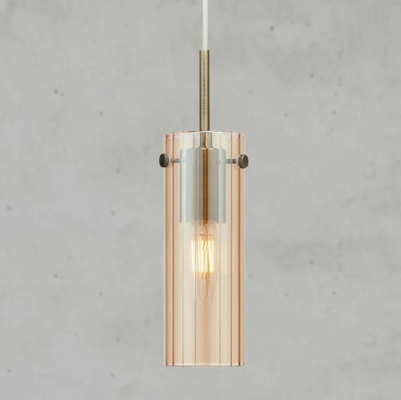 Lampa wisząca Tibia bursztynowe ryflowane szkło i mosiądz