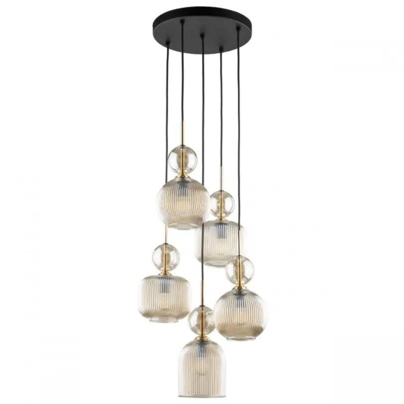 Lampa wisząca Sophia 5, pięć szklanych bursztynowych kloszy z kulkami