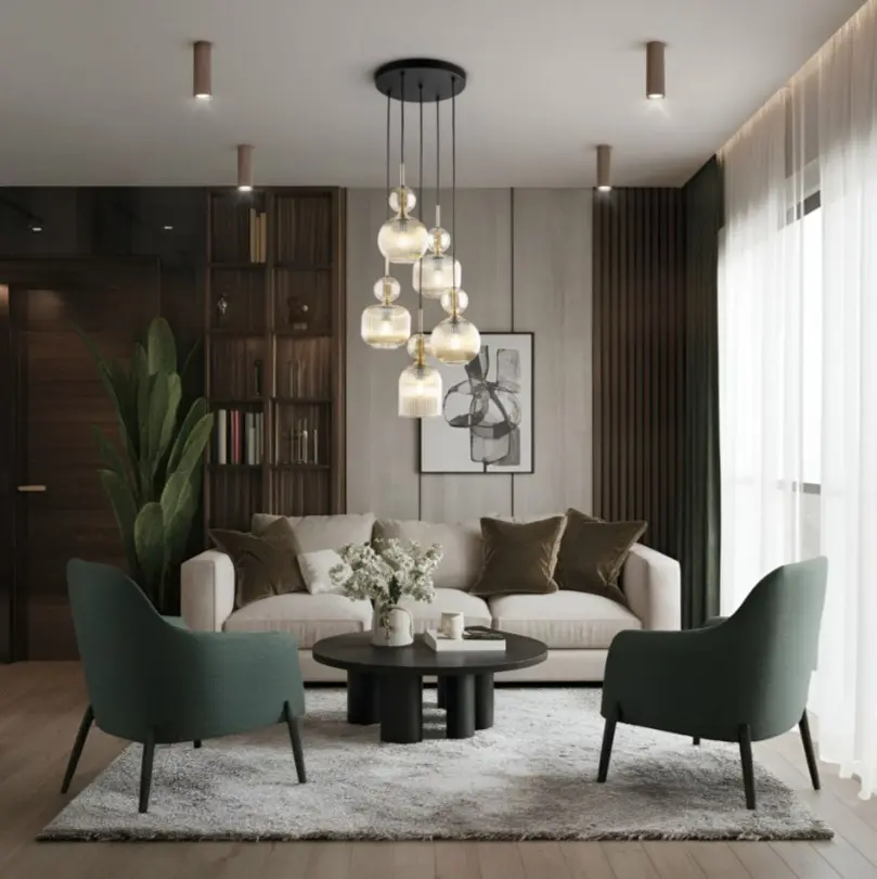 Lampa wisząca Sophia 5, pięć szklanych bursztynowych kloszy z kulkami