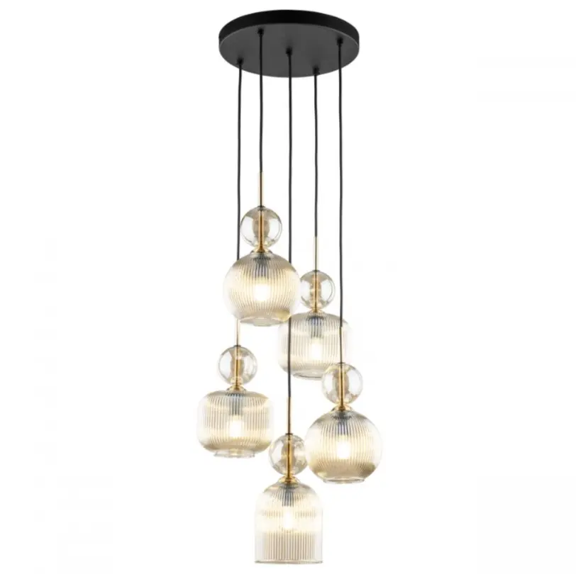 Lampa wisząca Sophia 5, pięć szklanych bursztynowych kloszy z kulkami