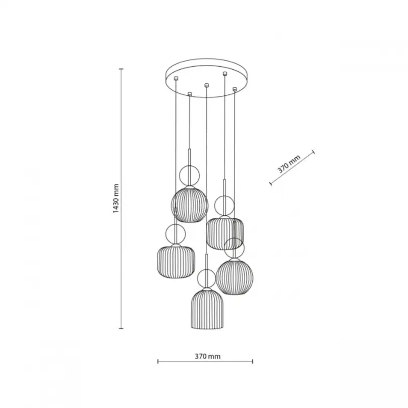 Lampa wisząca Sophia 5, pięć szklanych bursztynowych kloszy z kulkami