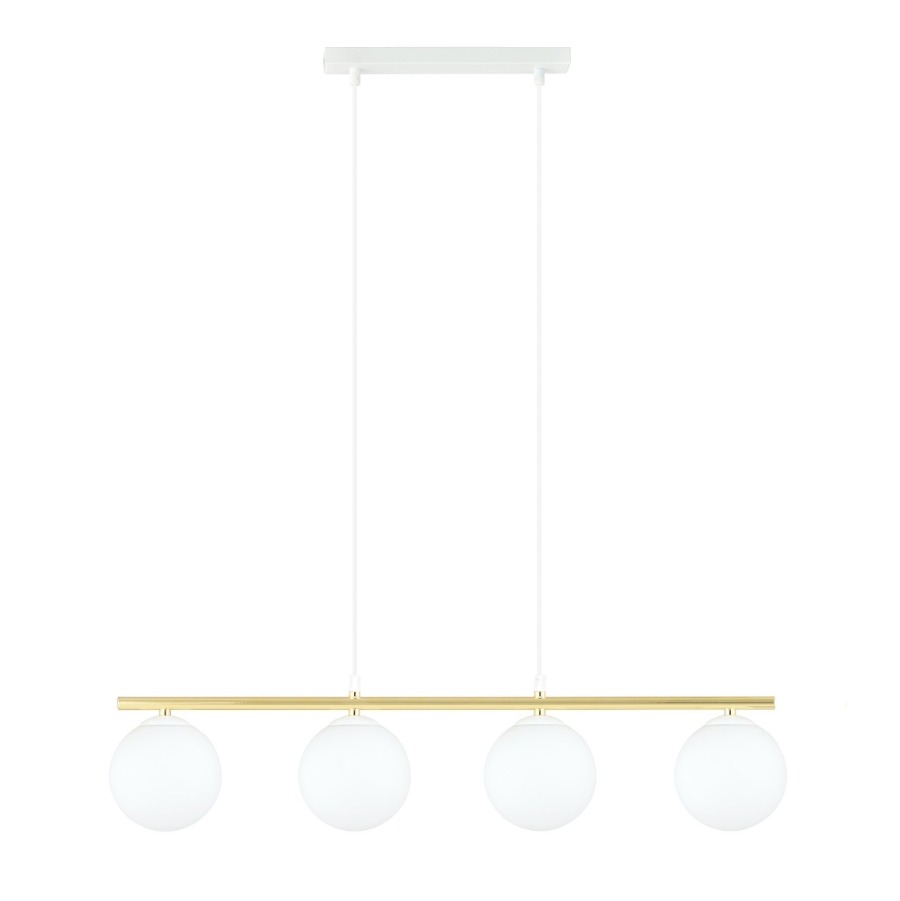 Lampa wisząca Allora 4 - złota listwa i białe szklane kule E14