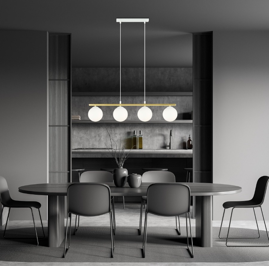 Lampa wisząca Allora 4 - złota listwa i białe szklane kule E14