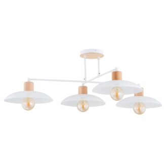 Biały żyrandol Kobe 4 z perforowanymi metalowymi kloszami i drewnianymi detalami