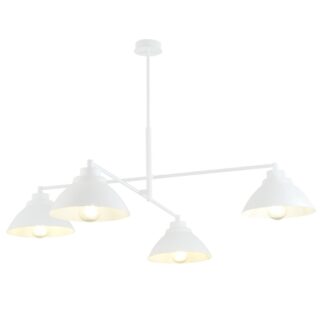 Biały żyrandol Maverick 4 z metalowymi kloszami E27 do jadalni