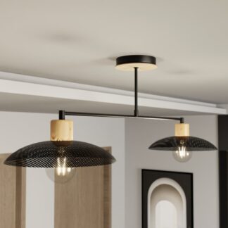 Czarna lampa sufitowa Kobe 2 z perforowanymi metalowymi kloszami i drewnianymi akcentami