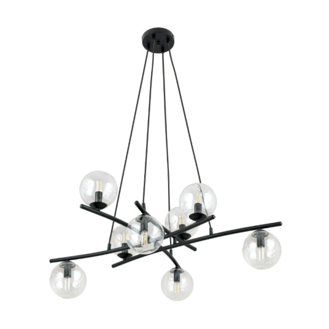 Czarna lampa wisząca Essa 8 z przezroczystymi kulami E14 do dużej jadalni