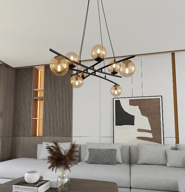 Lampa wisząca Essa 8 czarna z bursztynowymi kulami szklanymi E14