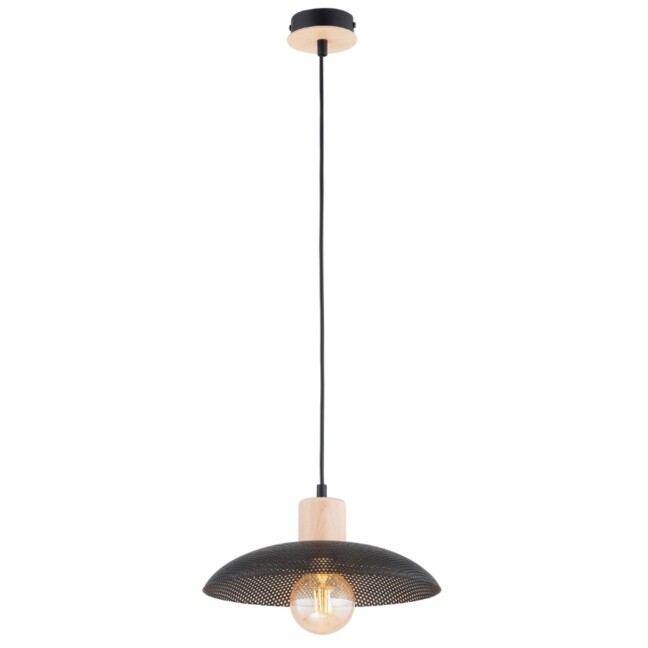 Lampa wisząca Kobe czarna – metalowy klosz z perforacją i drewnianym akcentem