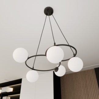 Czarna lampa wisząca Libra 5 z mlecznymi ryflowanymi kloszami E14
