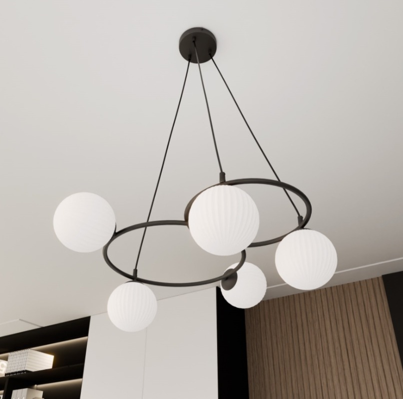 Czarna lampa wisząca Libra 5 z mlecznymi ryflowanymi kloszami