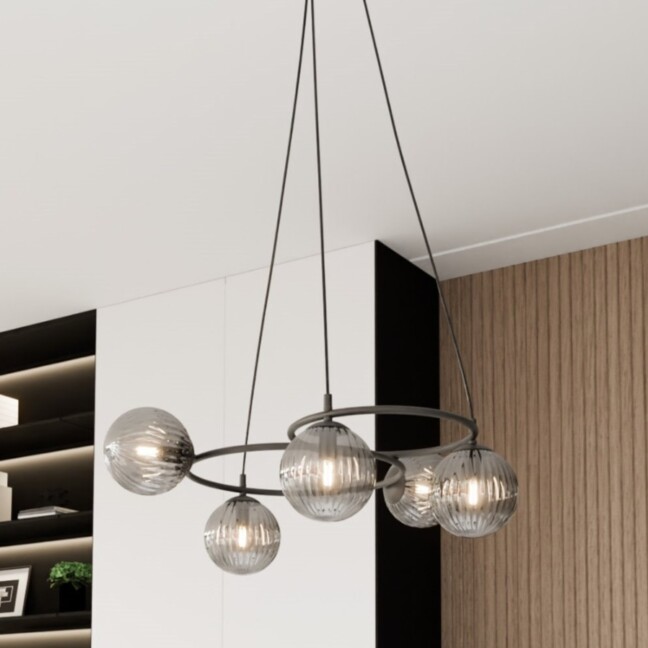 Lampa wisząca Libra 5 czarna z grafitowymi ryflowanymi kloszami