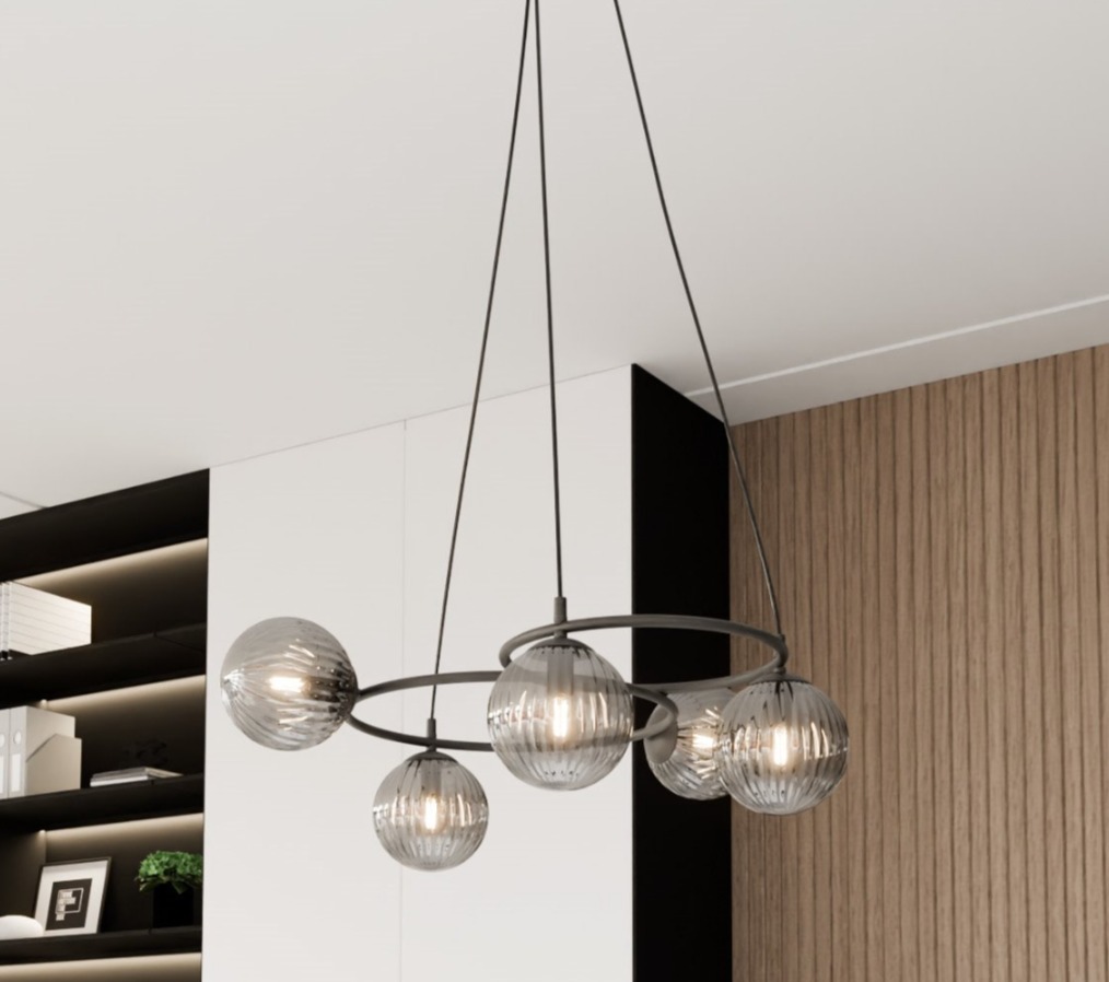 Lampa wisząca Libra 5 czarna z grafitowymi ryflowanymi kloszami