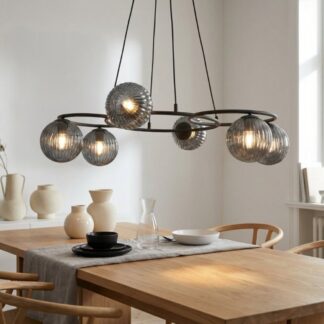 Czarna lampa wisząca Libra 6 z grafitowymi kloszami ze szkła ryflowanego
