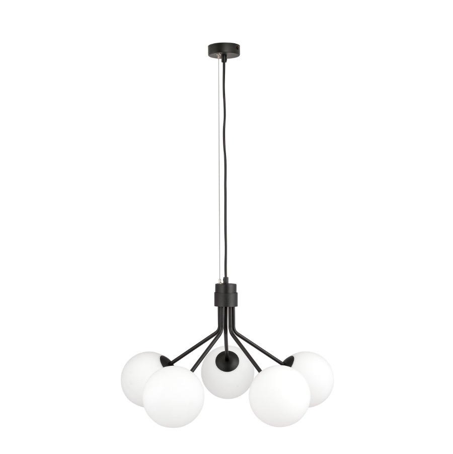 Lampa wisząca Nova 5 czarna z pięcioma białymi szklanymi kloszami - Emibig