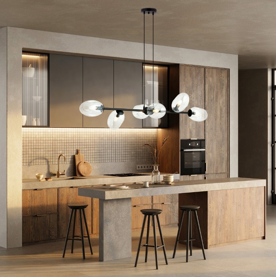 Czarna lampa wisząca Pandora 6 z przezroczystymi szklanymi kloszami