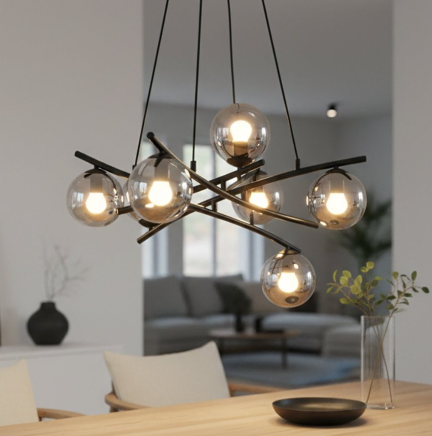 Czarny żyrandol Essa 5 z grafitowymi kulami szklanymi
