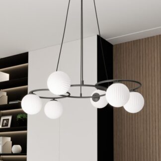 Czarny żyrandol Libra 6 z mlecznymi ryflowanymi kloszami E14