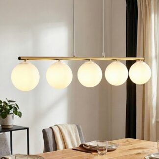 Lampa wisząca Allora 5 złota z mlecznymi kulami E14