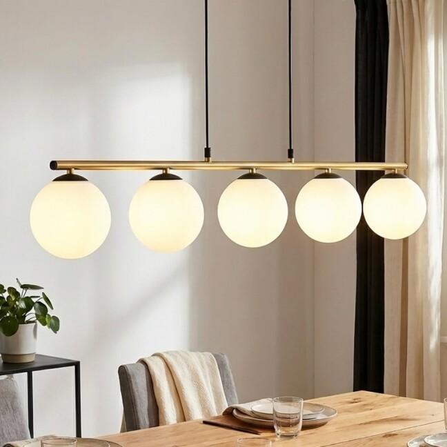 Lampa wisząca Allora 5 złota z białymi kulami nad stół