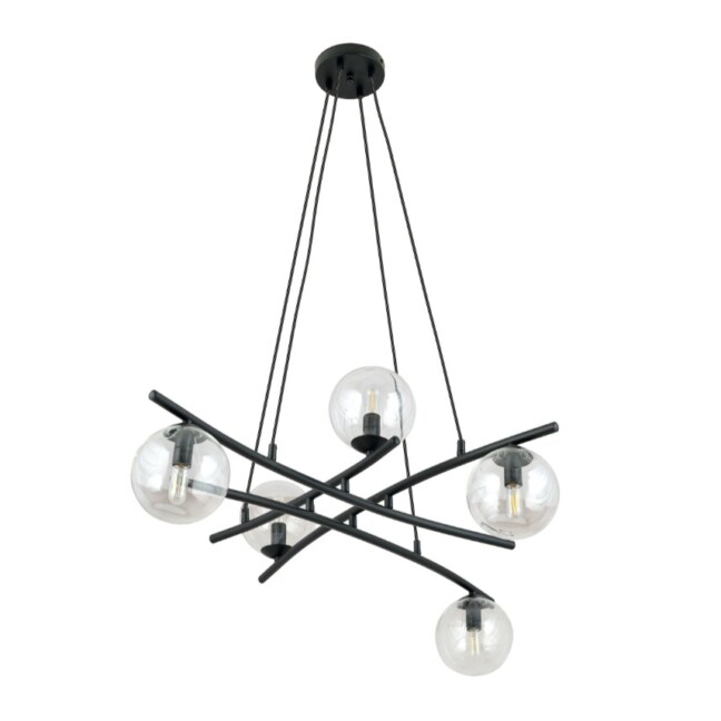 Lampa wisząca Essa 5 z czarnym stelażem i przezroczystymi szklanymi kulami E14