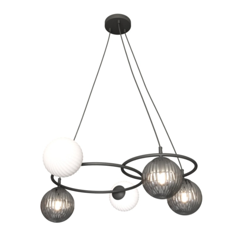 Lampa wisząca Libra 5 czarna – pięć kulistych kloszy mlecznych i dymionych