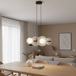 Nowoczesna lampa wisząca z 4 szarymi kloszami na czarnej belce G9