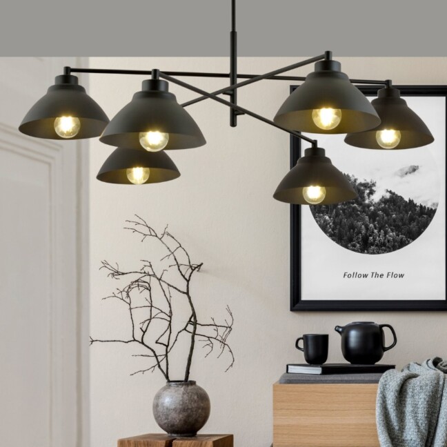 Czarny żyrandol Maverick 6 z metalowymi kloszami - loft