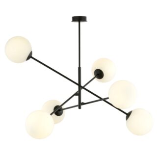 Żyrandol Linear 6 czarny z sześcioma opalowymi kulami
