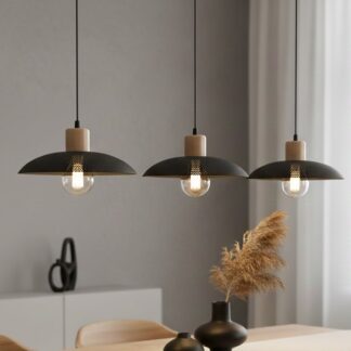 Lampa wisząca potrójna Kobe 3 czarna z drewnianymi akcentami – Emibig