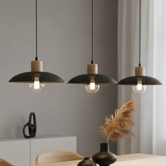 Lampa wisząca potrójna Kobe 3 czarna z drewnianymi akcentami – Emibig