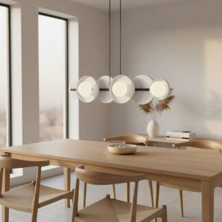 Szara lampa wisząca Model 6 na czarnej listwie z sześcioma okrągłymi kloszami G9