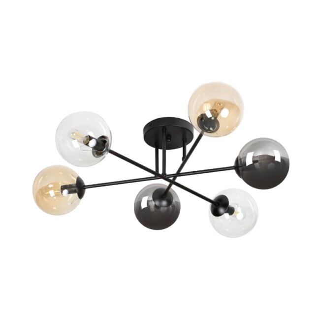 Szklana lampa sufitowa Brendi B6 MIX czarna z sześcioma kloszami w różnych odcieniach