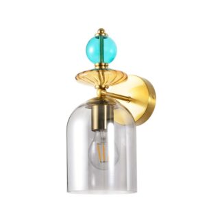 Złoty kinkiet Tropea z turkusową i bursztynową szklaną dekoracją E27