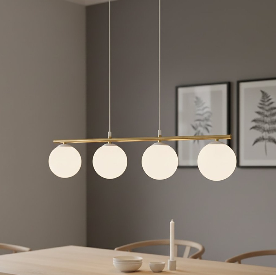 Lampa wisząca Allora 4 - złota listwa i białe szklane kule E14