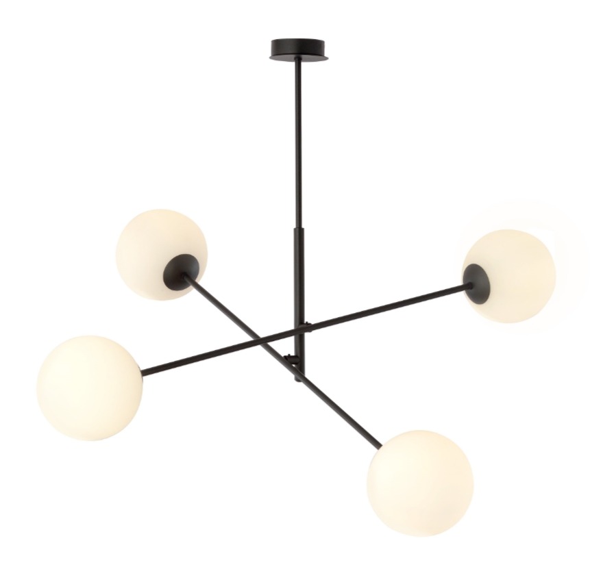 Czarny żyrandol Linear 4 z białymi szklanymi kulami E14
