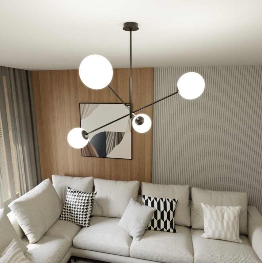 Czarny żyrandol Linear 4 z białymi szklanymi kulami E14