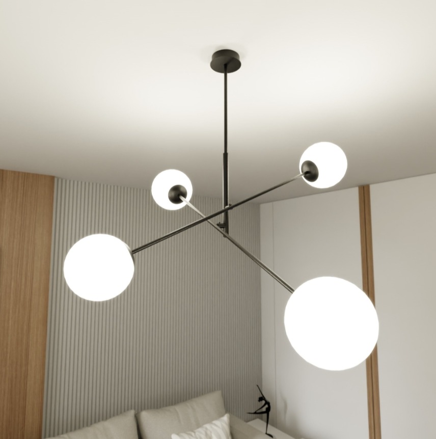 Czarny żyrandol Linear 4 z białymi szklanymi kulami E14