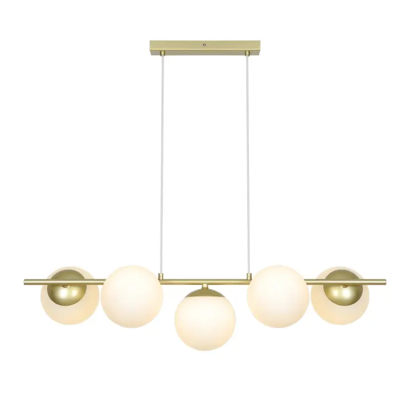 Elegancka lampa wisząca Lilly 5, 90 cm, mosiądz i białe szklane kule - Nordlux