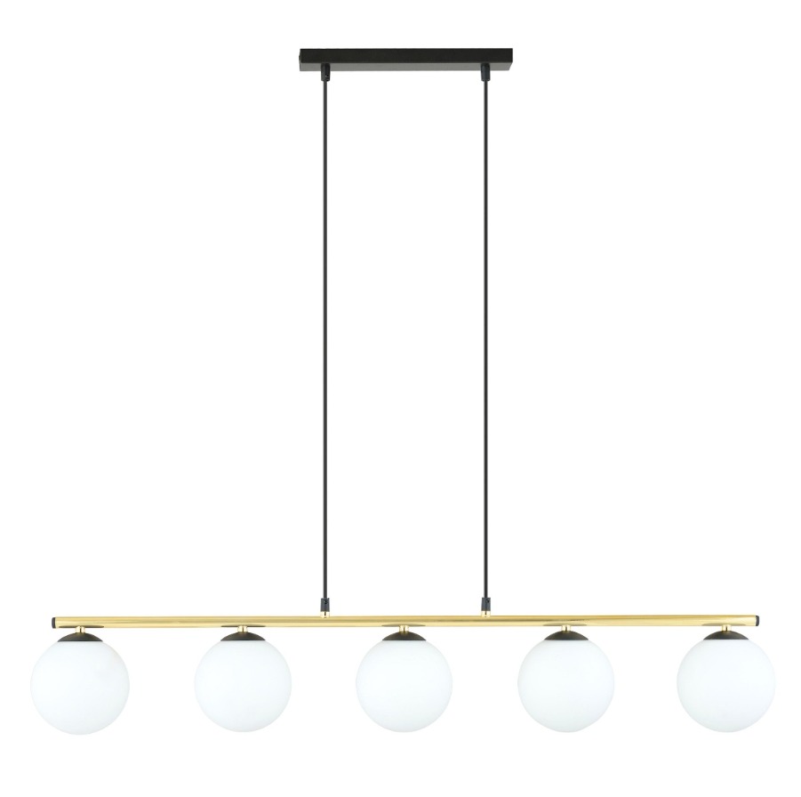 Lampa wisząca Allora 5 złota z białymi kulami nad stół