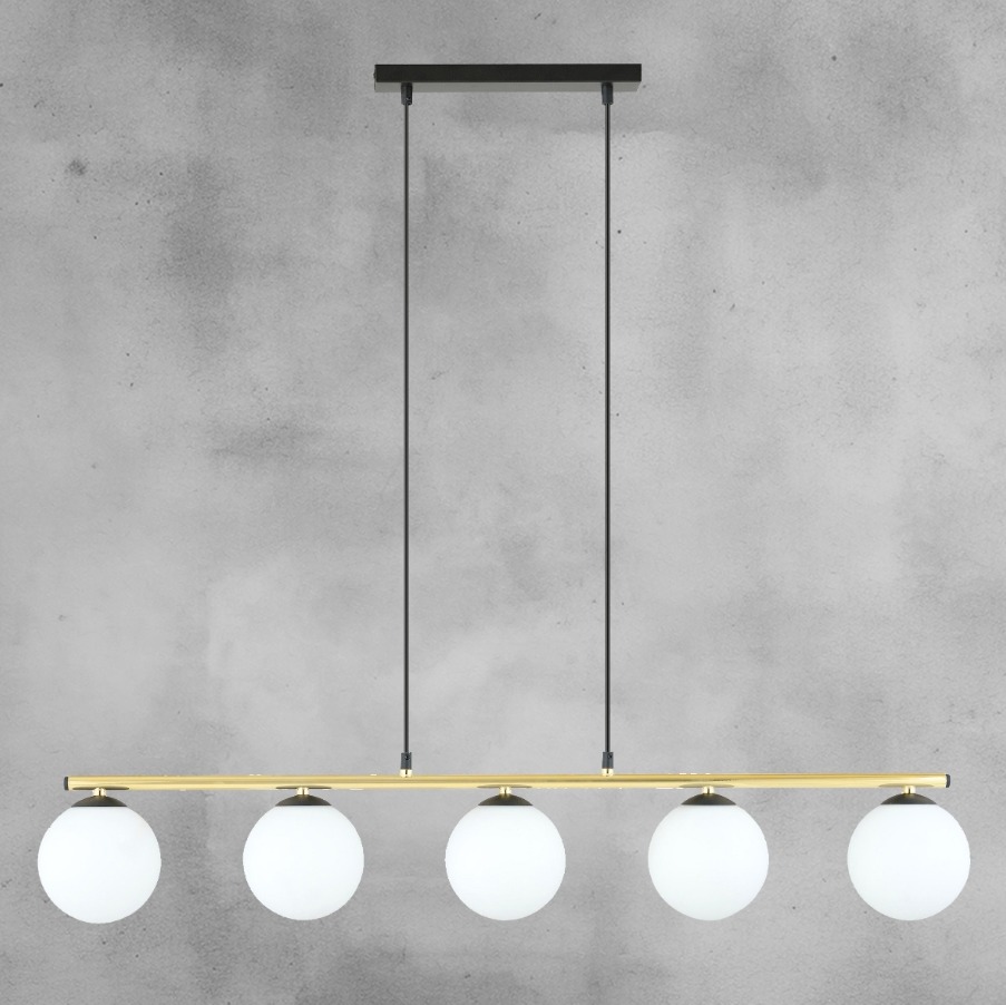 Lampa wisząca Allora 5 złota z białymi kulami nad stół