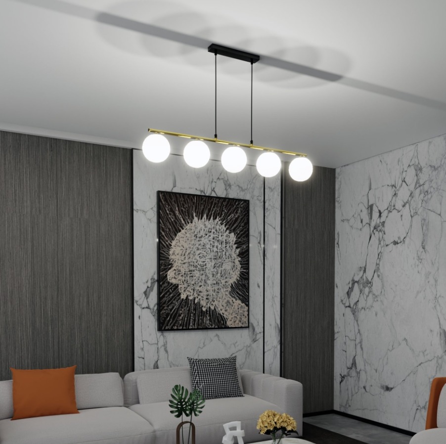 Lampa wisząca Allora 5 złota z białymi kulami nad stół