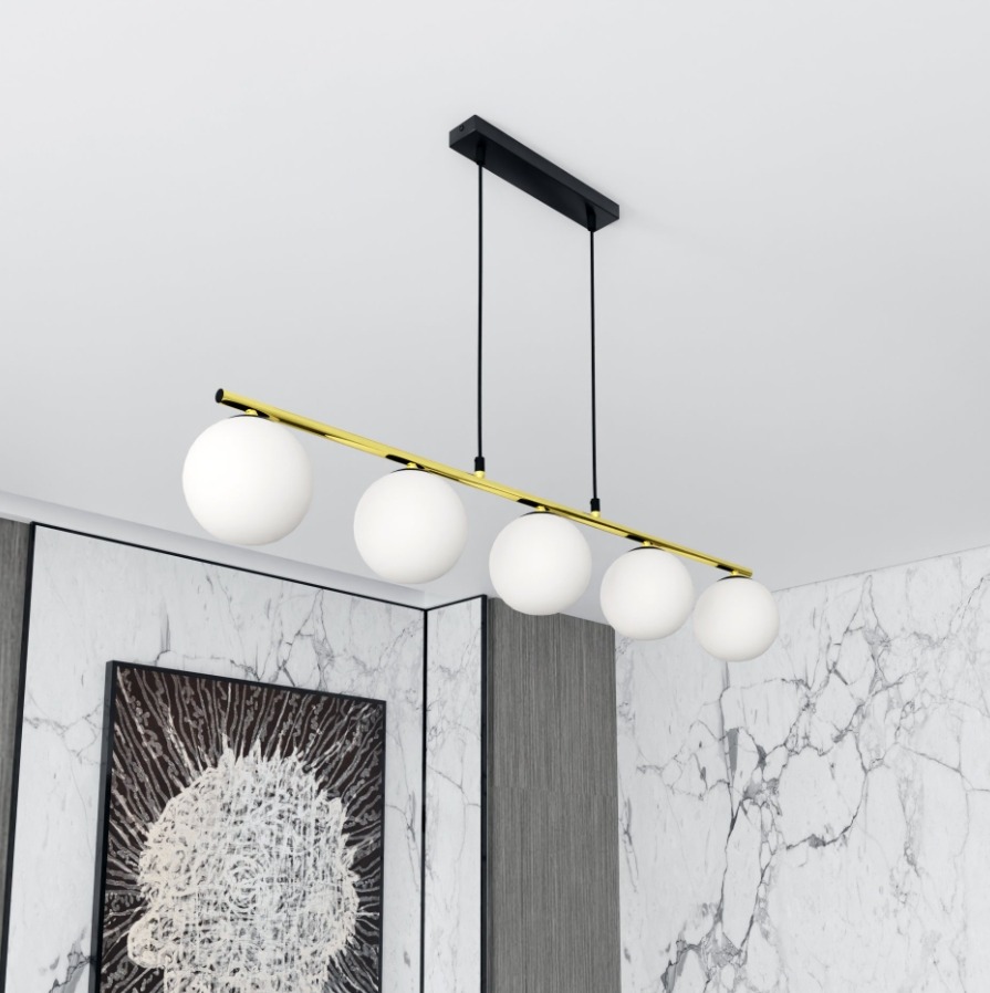 Lampa wisząca Allora 5 złota z białymi kulami nad stół