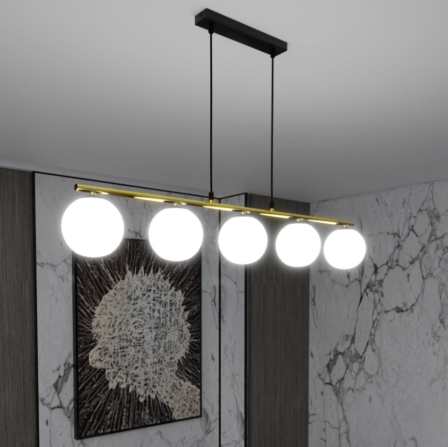Lampa wisząca Allora 5 złota z białymi kulami nad stół