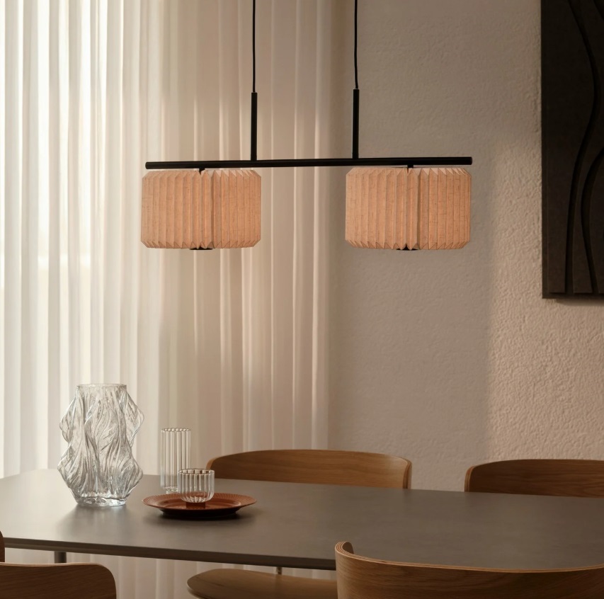 Beżowa lampa wisząca Vivienne z podwójnym materiałowym abażurem boho